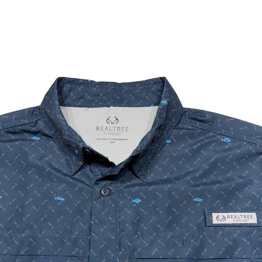 Realtree Fishing Shirt Mens Medium Navy Blue Anchor Fish Print Long Sleeve Vent - Picture 3 of 6
